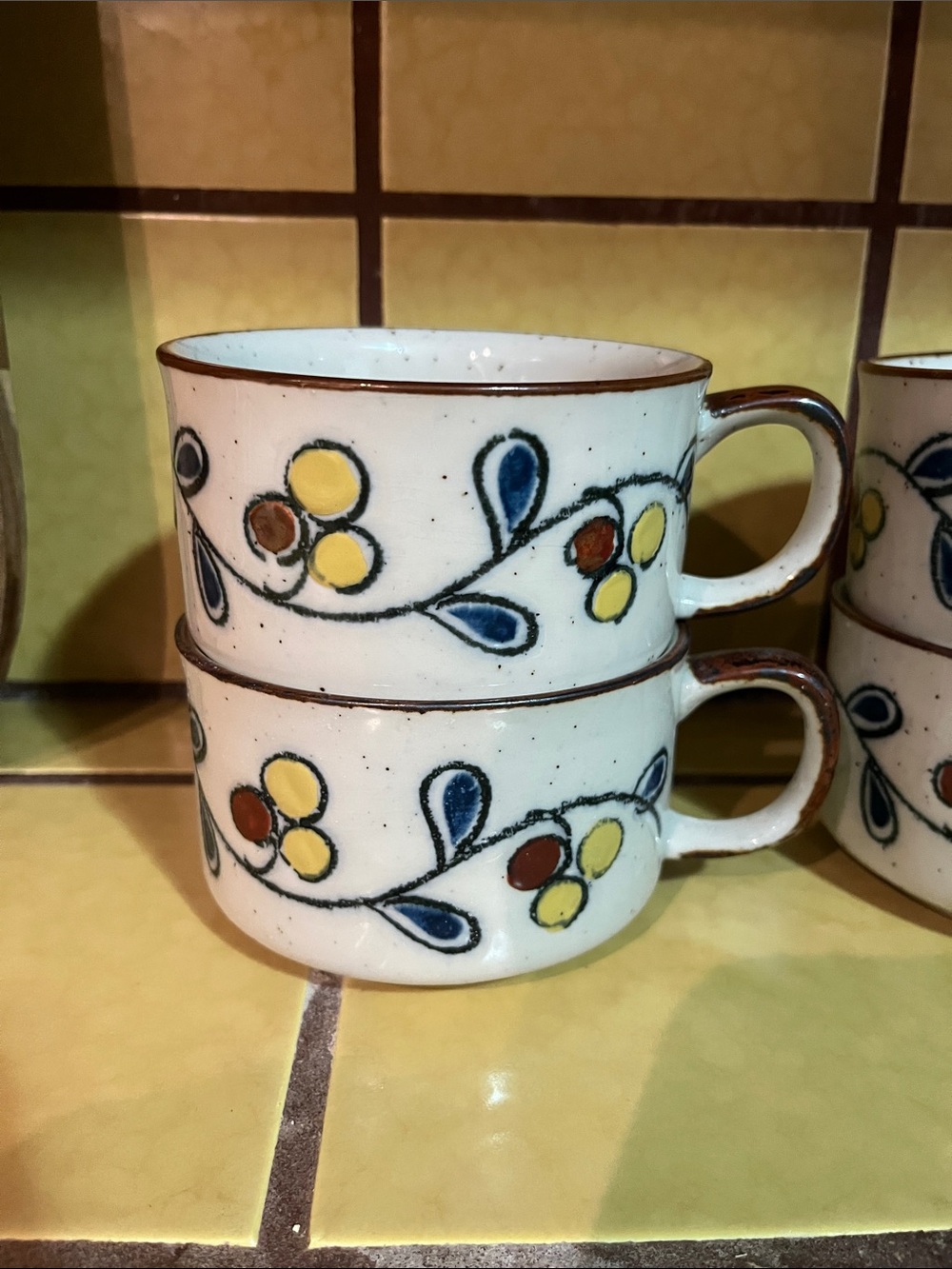 Ceramic Floral Stackable Mugs in Cream with Yellow & Blue Accents